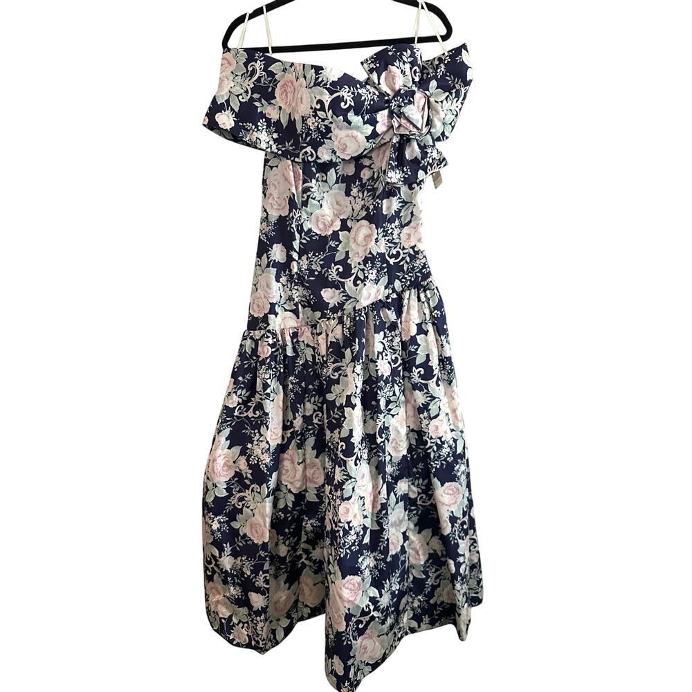 JESSICA McCLINTOCK Vintage 80s Floral Off-Shoulder Asymmetrical Waist Dress 10